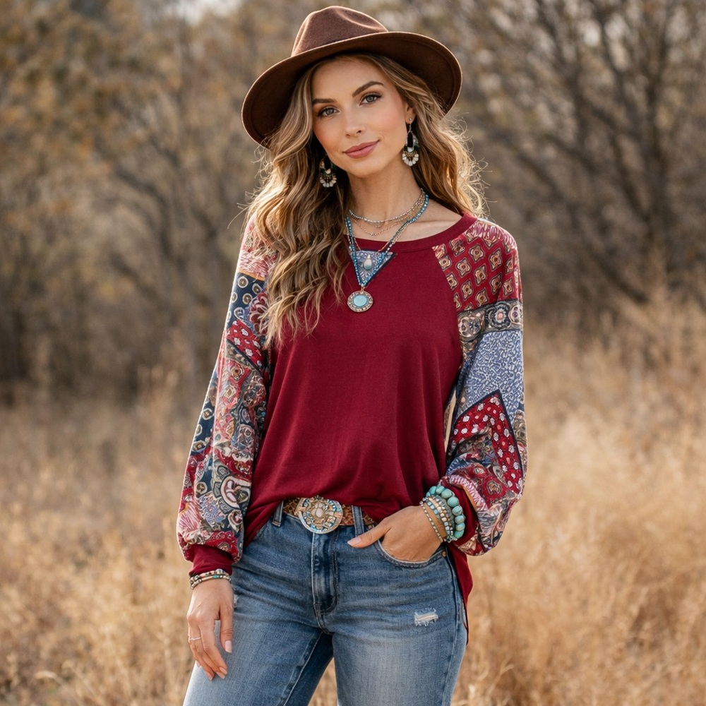 Emerald Burgundy and Patchwork Long Sleeve Top 07-0263